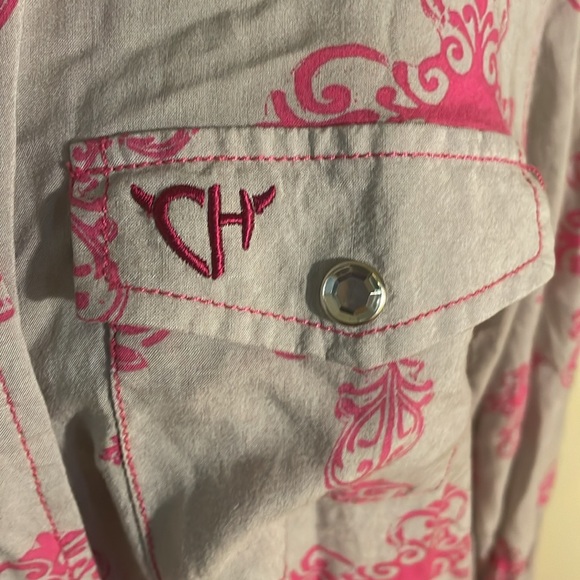 Cowgirl Hardware Pink Cross Printed Snap Up Blouse - Picture 2 of 7